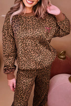 Coffee Leopard Print Contrast Trim Long Sleeve Top and Pants Set