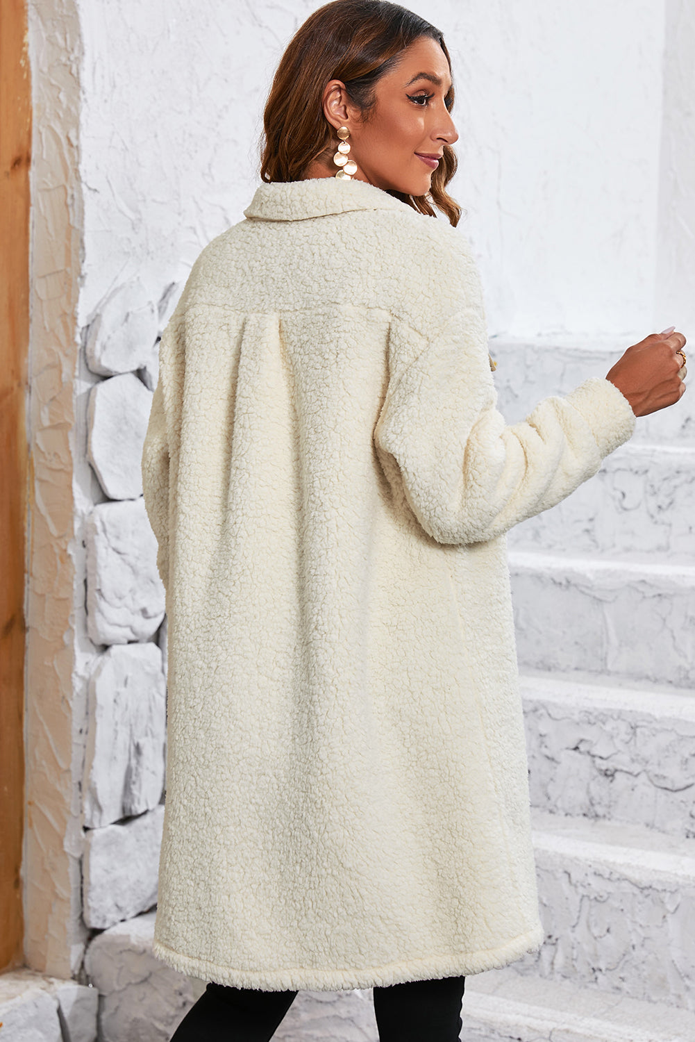 Teddy Coat - Beige Contrast Flap Pocket Single Breasted