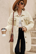 Teddy Coat - Beige Contrast Flap Pocket Single Breasted