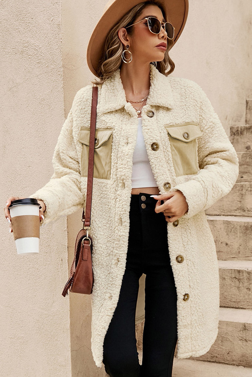 Teddy Coat - Beige Contrast Flap Pocket Single Breasted