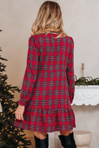 Red Plaid Shirt Collar Half Button Ruffle Hem Long Sleeve Mini Dress