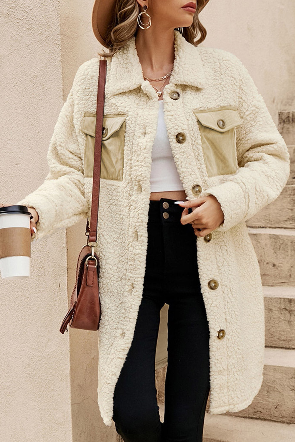 Teddy Coat - Beige Contrast Flap Pocket Single Breasted