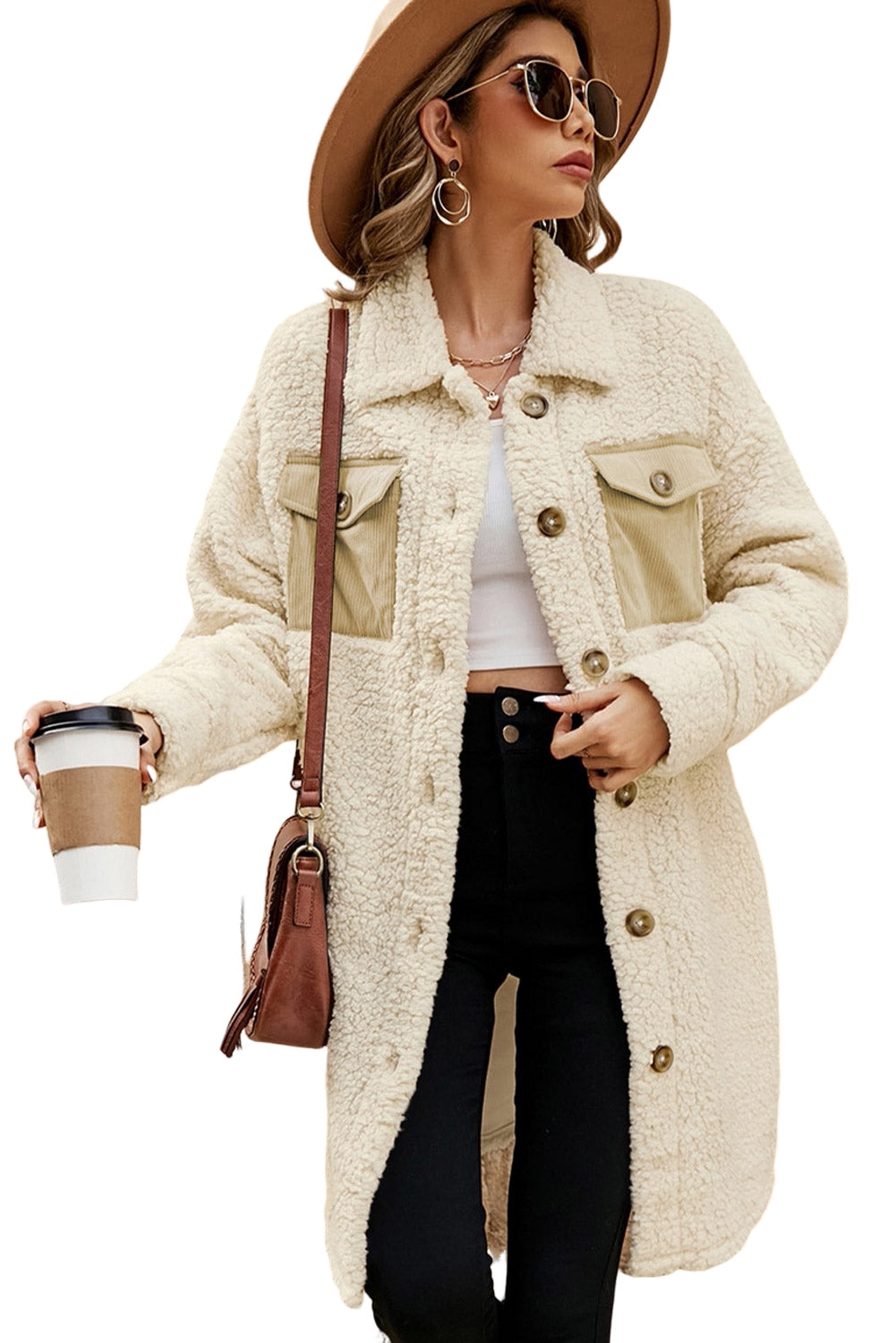 Teddy Coat - Beige Contrast Flap Pocket Single Breasted