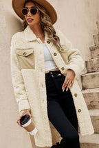 Teddy Coat - Beige Contrast Flap Pocket Single Breasted