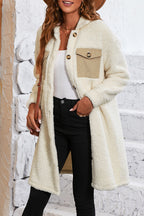 Teddy Coat - Beige Contrast Flap Pocket Single Breasted