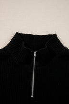Black Ribbed Zip Stand Neck Drop Shoulder Pullover Bodycon Skirt 2pcs Set
